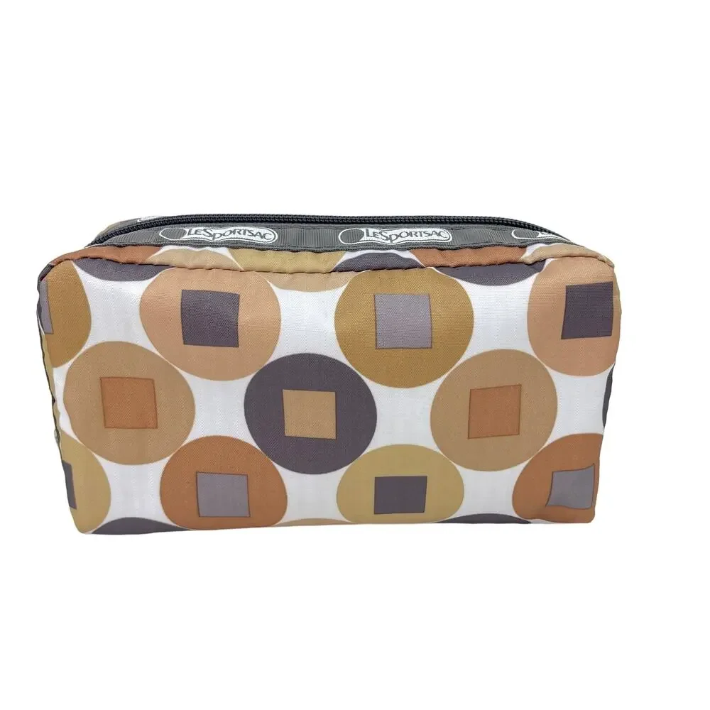 LeSportSac Beige White Tan Dot Box Cosmetic Pouch Retro Checkered Travel Makeup